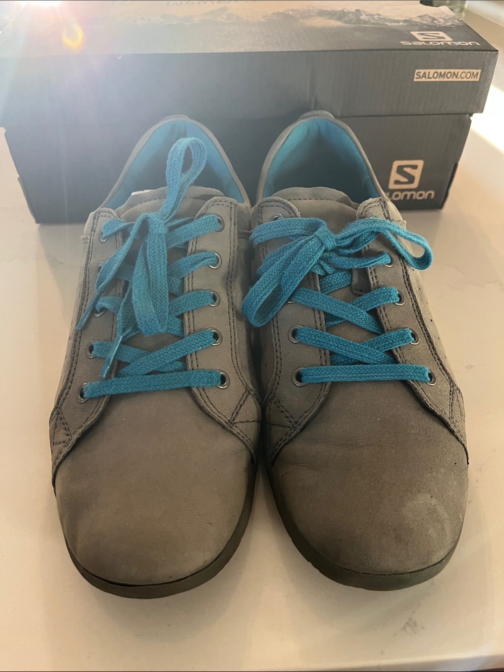 Salomon Gray Sneakers with Teal Blue Laces